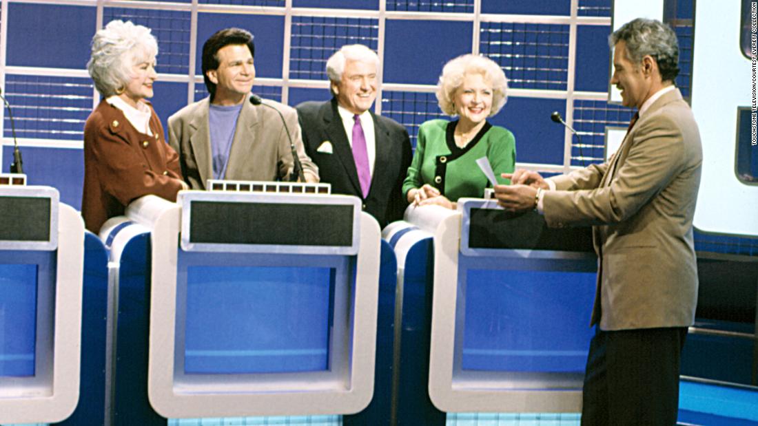 An episode of &quot;The Golden Girls&quot; in February 1992 titled &quot;Questions and Answers&quot; featured members of the cast appearing on &quot;Jeopardy!&quot; Pictured from left are Bea Arthur, David Leisure, Bill Erwin and Betty White, along with Trebek.