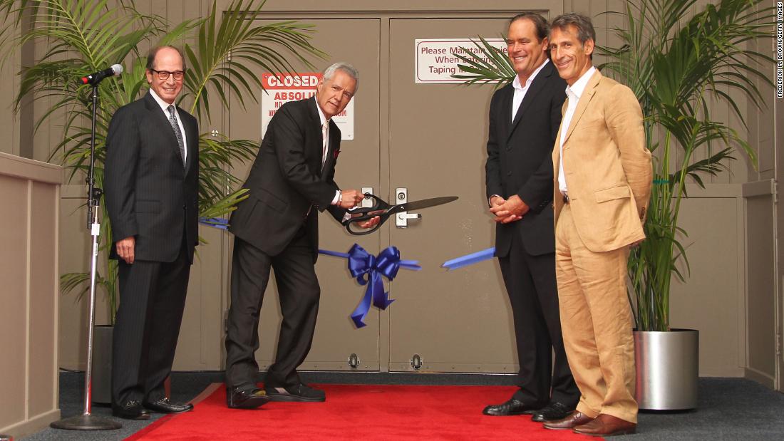 Trebek cuts the ribbon to kick off the 28th season of &quot;Jeopardy!&quot; on September 20, 2011, with Sony Pictures executives Harry Friedman, Steve Mosko and Michael Lynton.