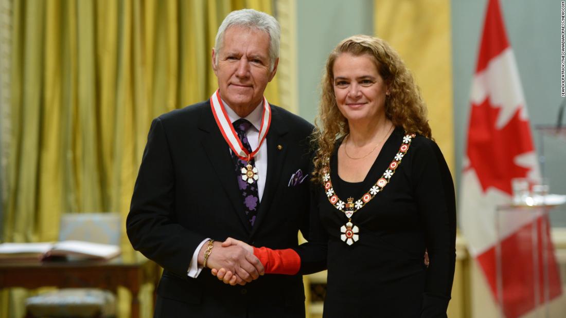 Governor General of Canada Julie Payette presents the insignia of the Order of Canada to Trebek at Rideau Hall in Ottawa on November 17, 2017.