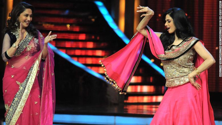 Sridevi and fellow Bollywood star Madhuri Dixit attend the final of the hit TV show &quot;Jhalak Dikhala Jaa Season 5,&quot; in Mumbai in 2012.