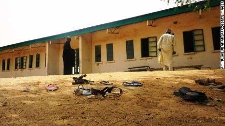 Sandals sit outside the school after the girls fled Boko Haram militants. 