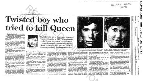 New Zealand press reports, included in a secret file kept by the country&#39;s intelligence services on would-be royal assassin Christopher Lewis.