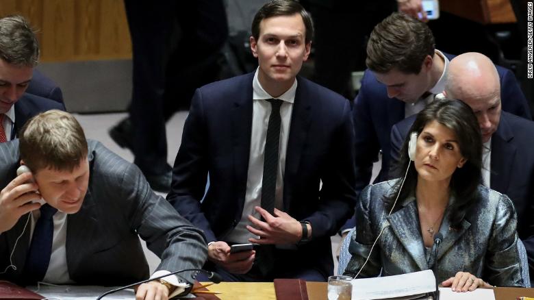 White House Senior Advisor Jared Kushner (2nd from R) takes his seat as US ambassador to the United Nations Nikki Haley (R) looks on before the start of a United Nations Security Council concerning meeting concerning issues in the Middle East, at UN headquarters, February 20, 2018 in New York City.