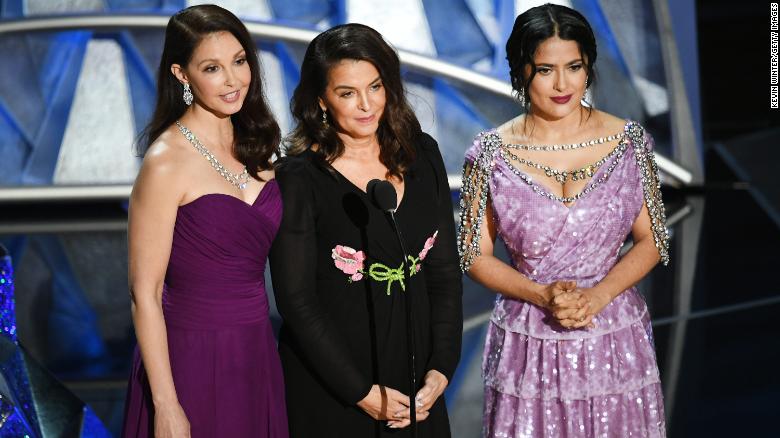 Actors Ashley Judd, Annabella Sciorra and Salma Hayek speak onstage during the 90th Annual Academy Awards at the Dolby Theatre at Hollywood &amp; Highland Center on March 4, 2018