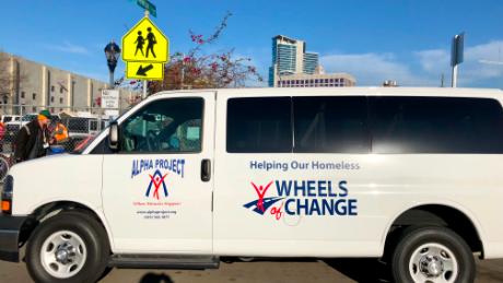 The San Diego &quot;Wheels of Change&quot; van, which transports the newly employed work teams to their cleanup sites.