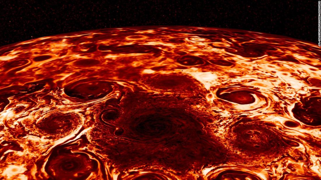 This composite image, derived from data collected by the Jovian Infrared Auroral Mapper (JIRAM) instrument aboard NASA&#39;s Juno mission to Jupiter, shows the central cyclone at the planet&#39;s north pole and the eight cyclones that encircle it.