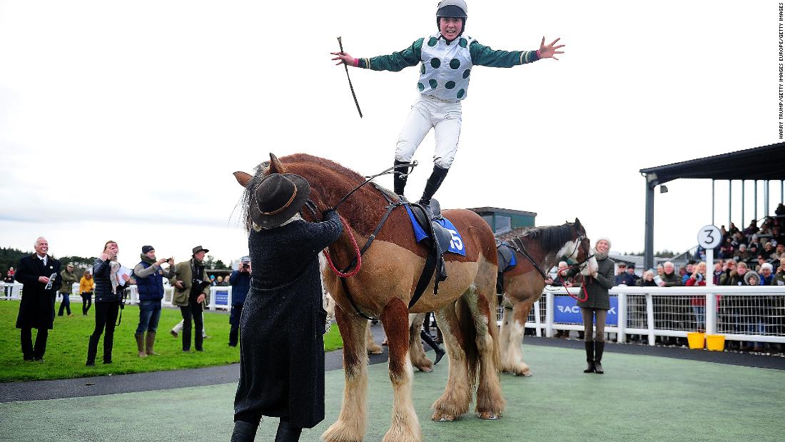The young flier has become accustomed to celebrating race wins. Here she jumps off Stobillee Sirocco after winning the Exeter Racecourse Clydesdale Stakes last year.
