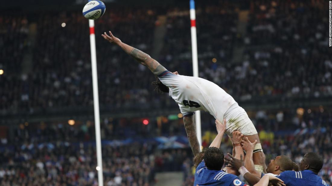 England lock Courtney Lawes loses grip of a line out at the Stade de France. 