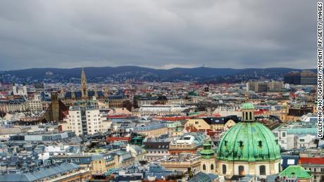 Aerial scenic view of city center from St. Stephen&#39;s Cathedral in Vienna, Austria