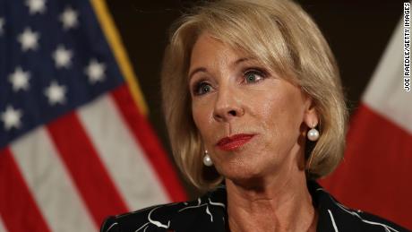 CORAL SPRINGS, FL - MARCH 07:  U.S. Education Secretary Betsy DeVos speaks to the news during a press conference held at the Heron Bay Marriott about her visit to Marjory Stoneman Douglas High School in Parkland on March 7, 2018 in Coral Springs, Florida.  DeVos was visiting the high school following the February 14 shooting that killed 17 people.  (Photo by Joe Raedle/Getty Images)