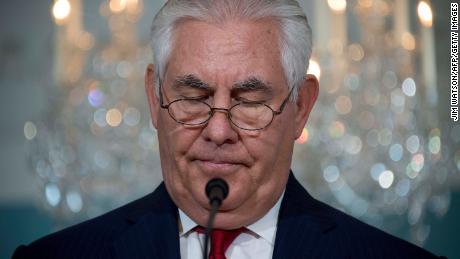 US Secretary of State Rex Tillerson makes a statement to the press at the State Department in Washington, DC, October 4, 2017.
Secretary of State Rex Tillerson denied Wednesday he had considered resigning from Donald Trump&#39;s cabinet and dismissed a report that he had called the president a &quot;moron&quot; as &quot;petty nonsense.&quot; &quot;The vice president has never had to persuade me to remain as secretary of state because I have never considered leaving this post,&quot; Tillerson said, denying an NBC News report.
 / AFP PHOTO / JIM WATSON        (Photo credit should read JIM WATSON/AFP/Getty Images)