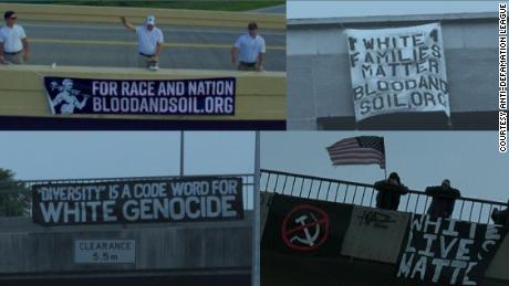 The banners, some of which are displayed above, have been hung in American cities by white supremacist groups.