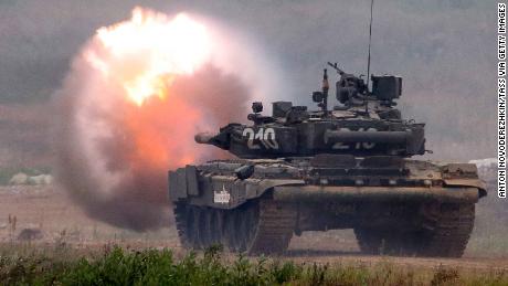 A T-80 battle tank during a fire demonstration at the Patriot military park outside Moscow.