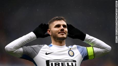 Mauro Icardi celebrates his four-goal haul. The last Inter player to score four in a single game was Diego MIlito in 2012 against Palermo. 
