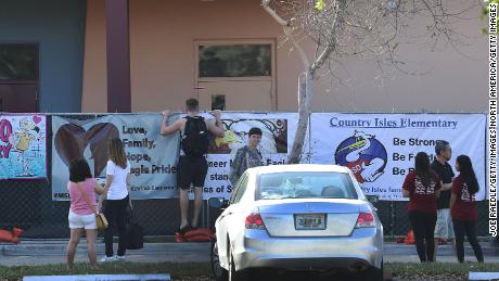 A memorial outside of the freshman building at Marjory Stoneman Douglas where the mass shooting took place on February 14.

