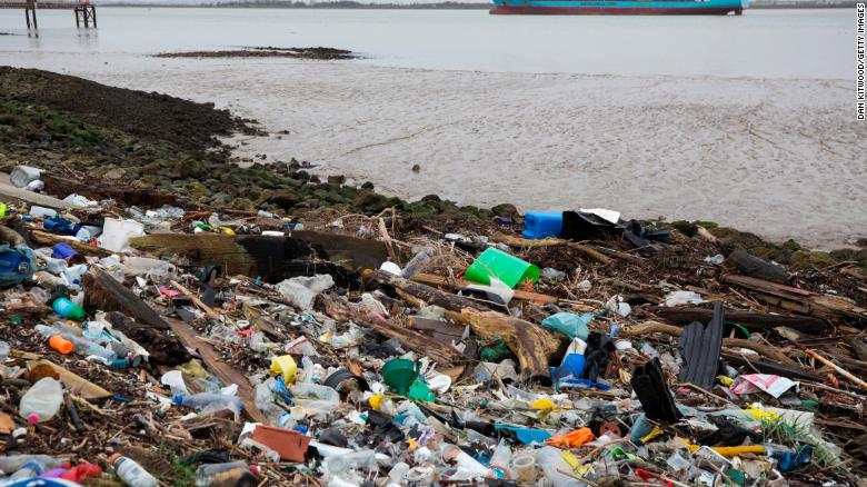 Plastics and other detritus line the shore of the Thames Estuary on January 2 in Cliffe, England. 