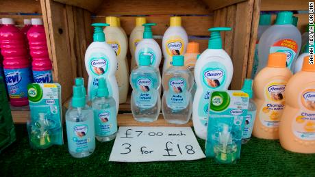 Products labeled in Spanish on display at Gibbons&#39; stall.