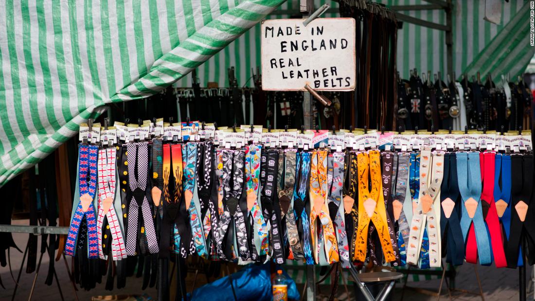 Belts and suspenders are seen on display at the market. Romford is the largest town in the East London borough of Havering, which had one of the highest proportion of Leave voters in the UK capital.