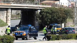 French police block access to Trèbes as they respond to the hostage situation Friday.