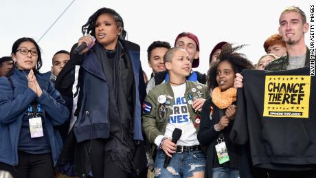 Edna Chavez (left), Jennifer Hudson, Emma Gonzalez, Noami Wadler and Sam Zeif appear onstage at the March For Our Lives rally in Washington.
