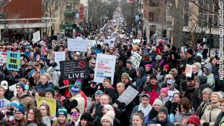 March for Our Lives protesters march to the Capitol on Saturday in Madison, Wisconsin. 