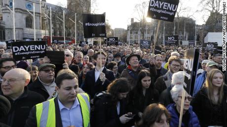 Members of the Jewish community protest against Labour Party leader Jeremy Corbyn in March.