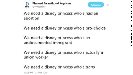 A Planned Parenthood branch in Pennsylvania tweeted and then deleted a meme suggesting a Disney princess, who had had an abortion.