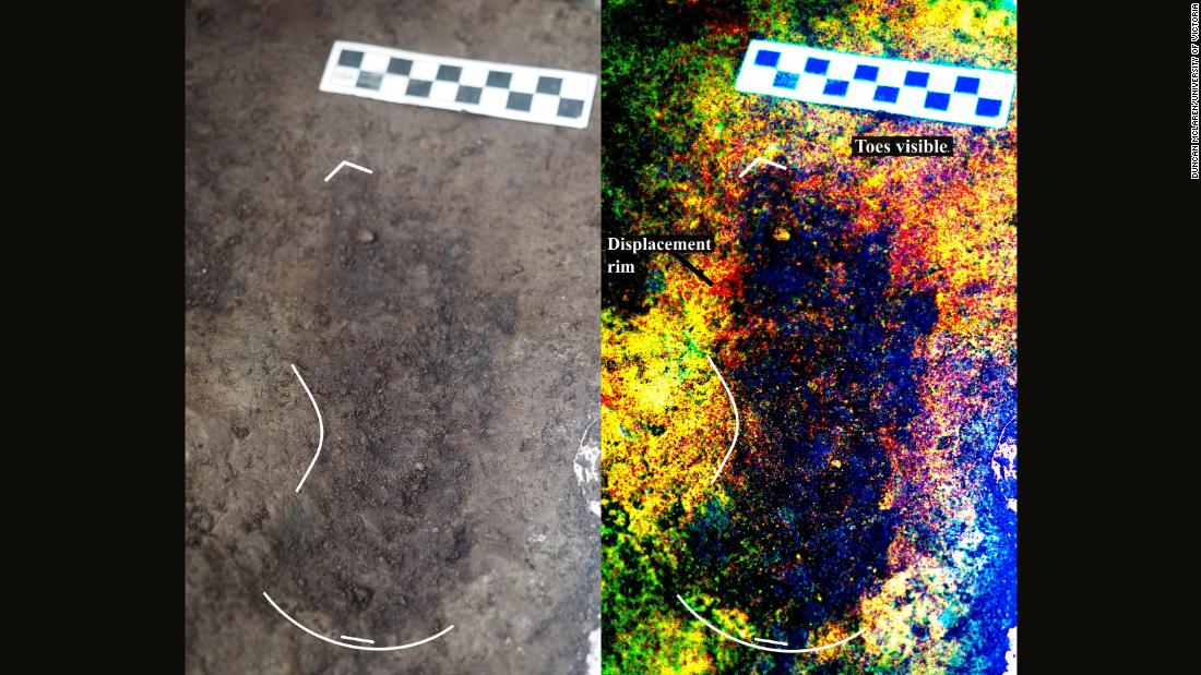 On the left is a 13,000-year-old footprint as found in the sediment on Calvert Island, off the Canadian Pacific coast. On the right is a digitally enhanced image, showing details of the footprint. 