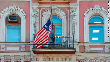 The flag of the United States flies outside the US Consulate building in St. Petersburg ahead of its announced closure by Russian Foreign Minister Sergey Lavrov.