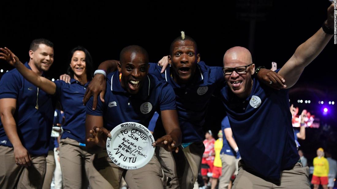 Members of the South Africa delegation get into the spirit of the opening ceremony. South Africa finished the 2014 games with 13 gold medals. 