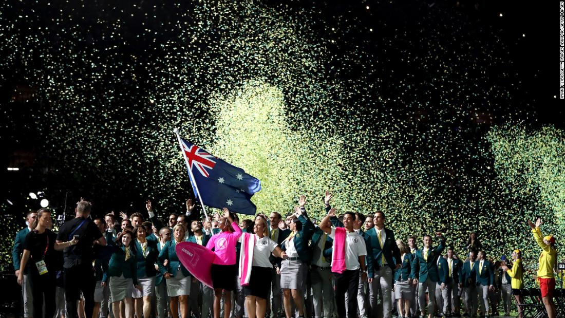 The Australian team arrives during the opening ceremony.