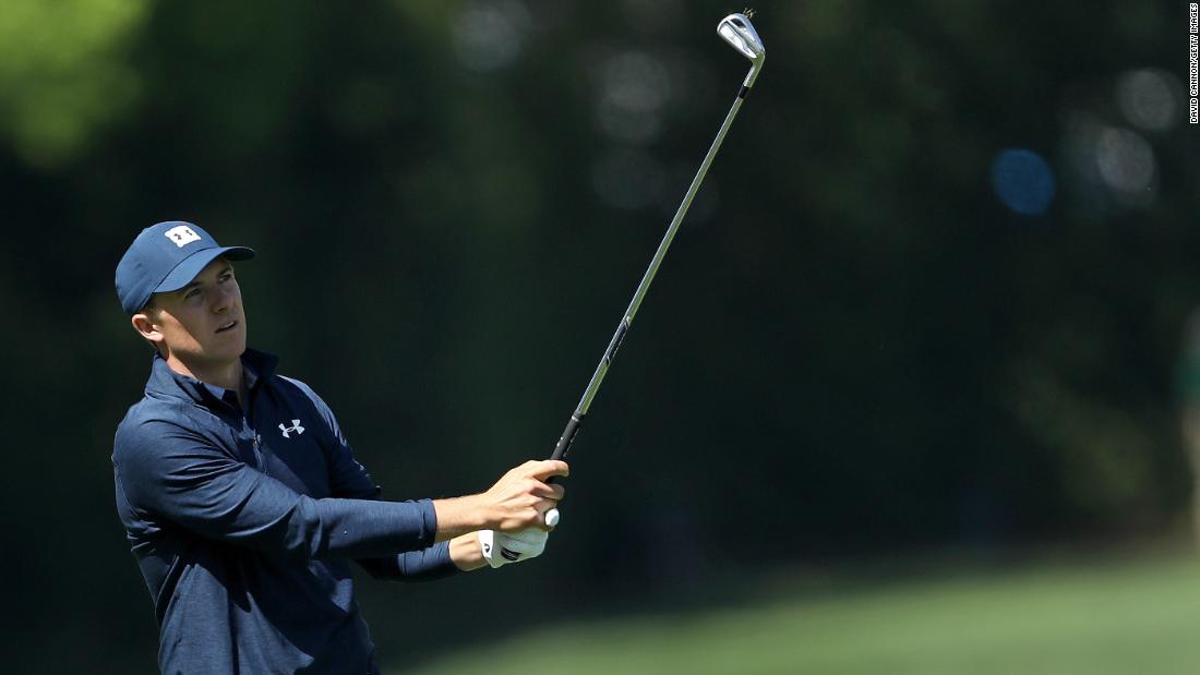Jordan Spieth plays a shot during the first round on Thursday. Spieth shot a 6-under-par 66 to lead the field after Day 1. At one point on the back nine, he birdied five straight holes.
