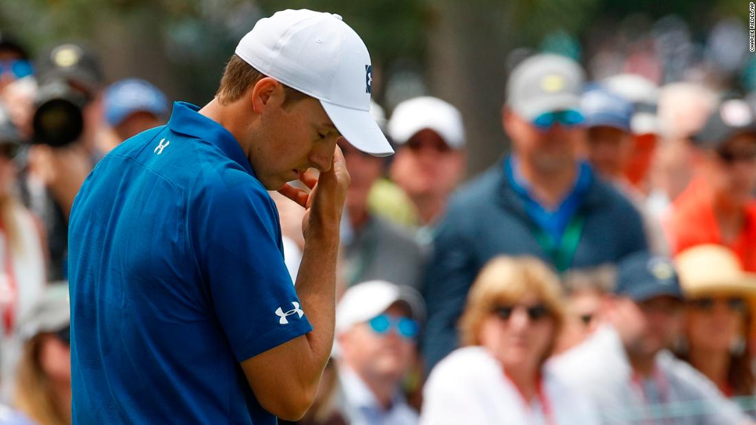 Jordan Spieth reacts after missing a putt on the seventh hole Friday. Spieth, the 2015 Masters champion, led the field by two strokes after his first-round 66. But he came back to the field Friday with a 2-over 74.