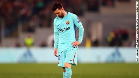 A dejected-looking Lionel Messi of FC Barcelona during the UEFA Champions League quarterfinal.