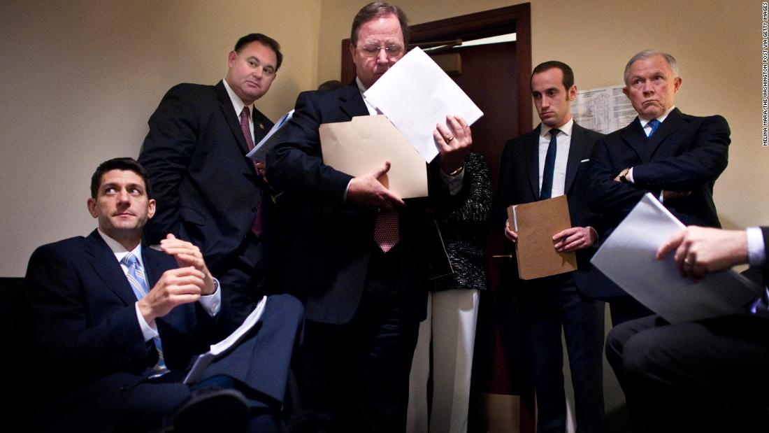 Ryan meets in 2012 with fellow Republicans -- Rep. Frank Guinta, Rep. Bill Flores, staffer Stephen Miller and Sen. Jeff Sessions -- before unveiling the coming year&#39;s budget plan.