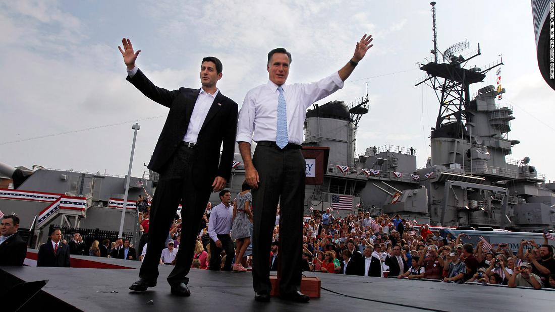 Ryan and Romney wave to the crowd after announcing Ryan as the Republican Party&#39;s vice presidential candidate in 2012.