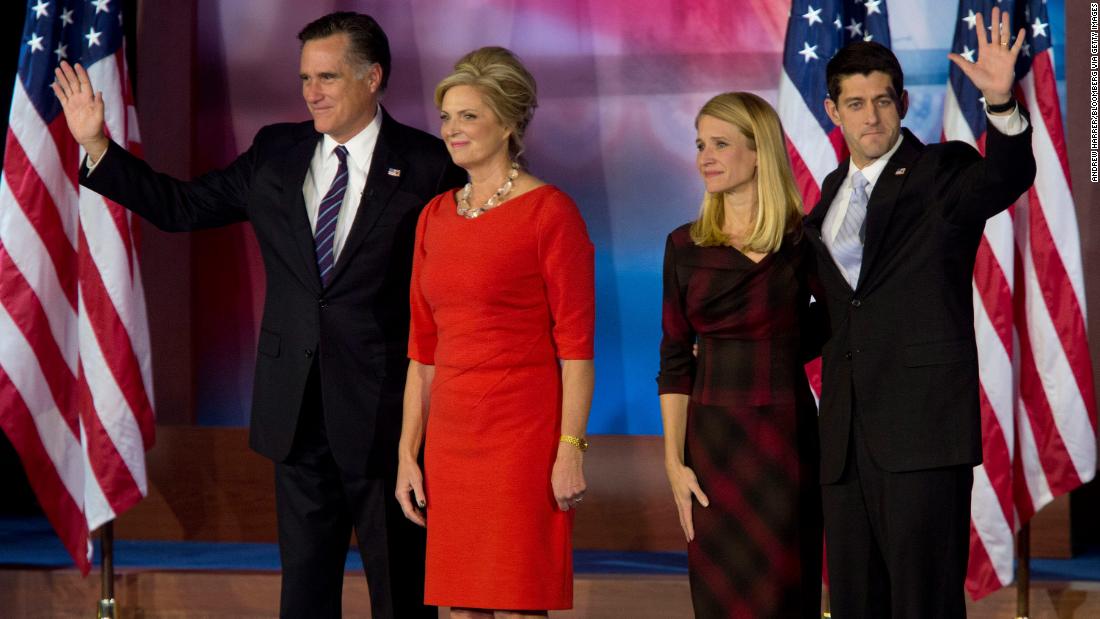 Romney, with his wife Ann, and Ryan, with his wife Janna, wave to the crowd following Romney&#39;s 2012 concession speech.