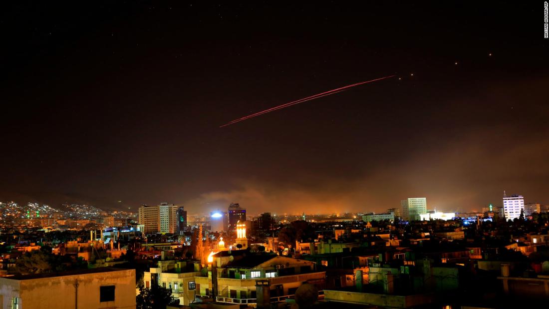 Damascus skies erupt with anti-aircraft fire as the US and its allies launch an attack on Syria&#39;s capital early on April 14, 2018. US President Donald Trump announced airstrikes in retaliation for Syria&#39;s alleged use of chemical weapons. Trump says the strikes are part of a sustained military response, in coordination with France and the United Kingdom.