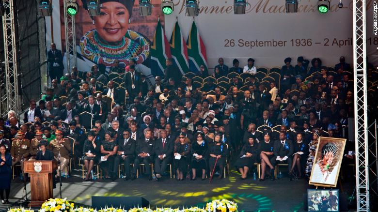 Family and officials gather at Soweto&#39;s Orlando stadium for the funeral service of anti-apartheid icon Winnie Madikizela-Mandela in Soweto, South Africa, on Saturday.