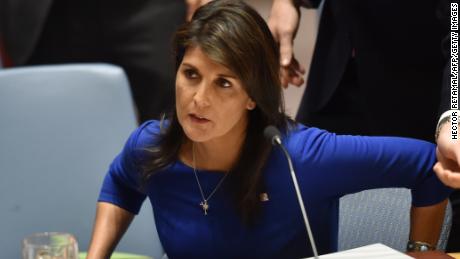US Ambassador to the United Nations, Nikki Haley,  arrives for a UN Security Council meeting, at United Nations Headquarters in New York, on April 14, 2018.
The UN Security Council on Saturday opened a meeting at Russia&#39;s request to discuss military strikes carried out by the United States, France and Britain on Syria in response to a suspected chemical weapons attack. Russia circulated a draft resolution calling for condemnation of the military action, but Britain&#39;s ambassador said the strikes were &quot;both right and legal&quot; to alleviate humanitarian suffering in Syria.
 / AFP PHOTO / HECTOR RETAMAL        (Photo credit should read HECTOR RETAMAL/AFP/Getty Images)