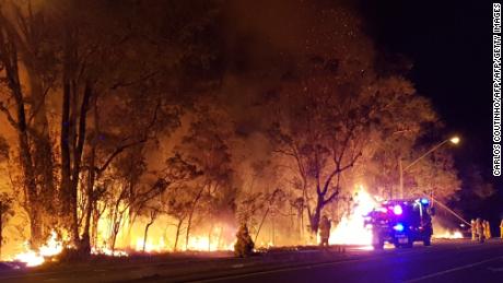 Photo taken on April 15, 2018 shows firemen tackling a bushfire burning at Voyager Point, south of Sydney. 
Hundreds of firefighters were battling a large bushfire that burnt near Sydney homes, with authorities saying on April 16, 2018 that it was &quot;miraculous&quot; no homes were damaged and no-one was injured. / AFP PHOTO / CARLOS COUTINHO        (Photo credit should read CARLOS COUTINHO/AFP/Getty Images)