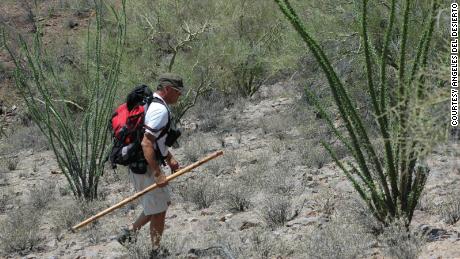 Rafael Larraenza Hernandez of the Desert Angels searching for remains in the Sonoran Desert near Ajo, Arizona.  