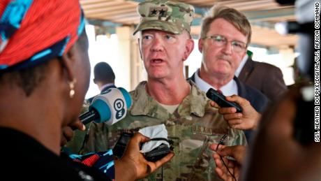 NIAMEY, Niger -- US Air Force Maj. Gen. Marcus Hicks, commander, Special Operations Command Africa, is interviewed by local media after the opening ceremony of Flintlock 2018 in Niamey, Niger, April 11, 2018. (US Army Photo by Sgt. Heather Doppke/79th Theater Sustainment Command)