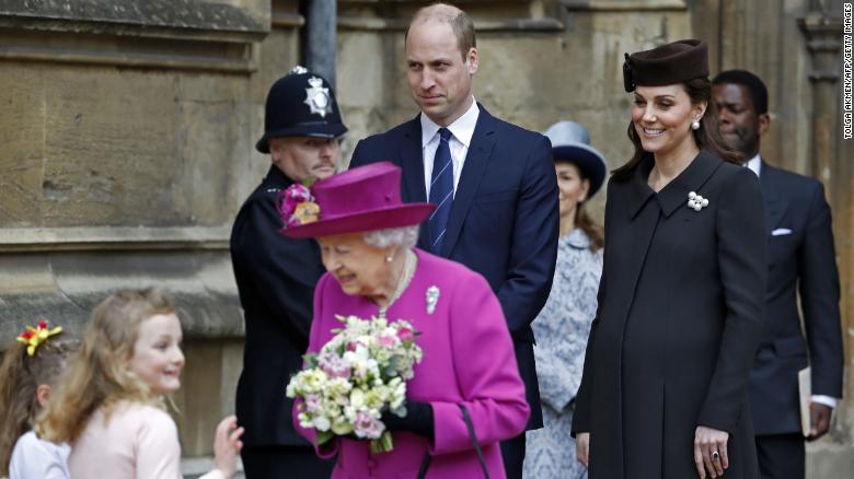 Britain&#39;s Catherine, Duchess of Cambridge, smiles as she leaves with Britain&#39;s Prince William, Duke of Cambridge, after attending the Easter Mattins Service at St. George&#39;s Chapel, Windsor Castle, on Sunday, April 1. 