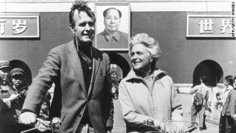 Bush poses with his wife Barbara in Beijing in 1974.