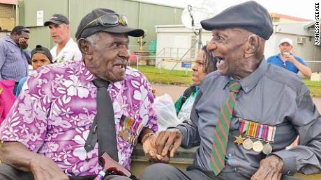 Two of the last survivors of the TSLIB, Mebai Warusam and Awaite Mau, at a ceremony honouring their battalion in March 2018.