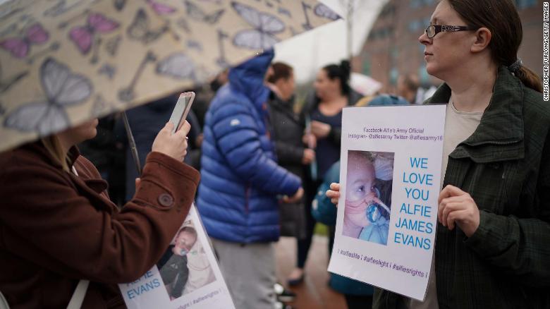 People protest the Alfie Evans case outside Alder Hey Hospital on April 13 in Liverpool, England.
