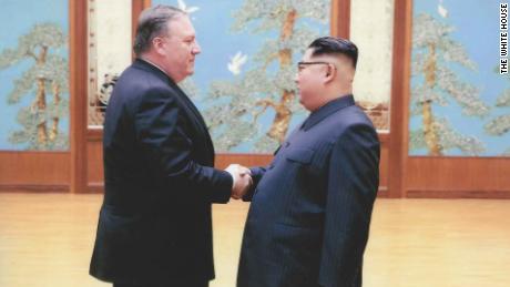 Mike Pompeo shakes hands with North Korean leader Kim Jong Un in Pyongyang in a photo provided by the White House.