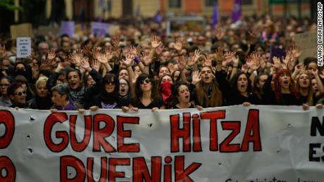 Women carry a sign, written in Basque, that says, &#39;&#39;Our Word,&quot; during Saturday&#39;s protest in Pamplona.