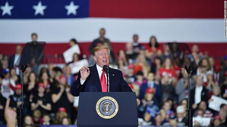 US President Donald Trump speaks during a rally at Total Sports Park in Washington, Michigan on April 28, 2018. (Photo by MANDEL NGAN / AFP) (Photo credit should read MANDEL NGAN/AFP/Getty Images)